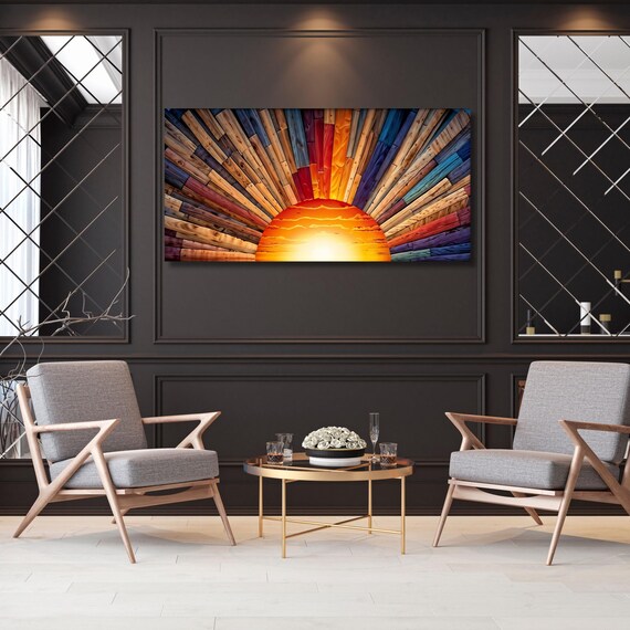 Panoramic Sunset Canvas Wall Art Bedroom Wall Art, Wood Long Sunshine Wall Art Above Panoramic Sun Wall Art Sun Canvas Gift Artwork art wall