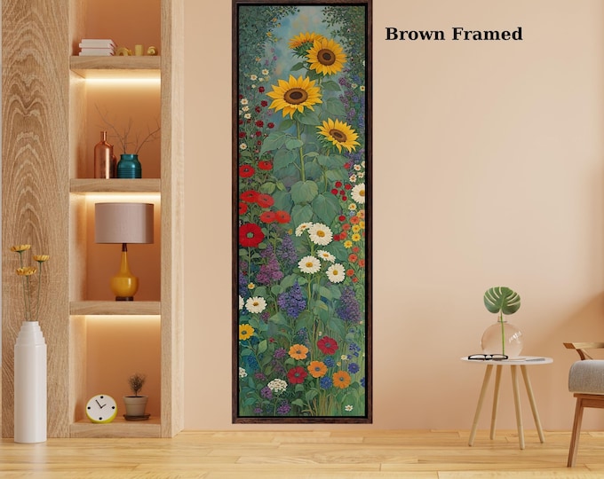 Klimt Style Sunflower Wildflower Garden Tall Narrow Canvas, Botanical Nature Wall Art, Rustic Floral Vertical Print for Hallway or Bedroom