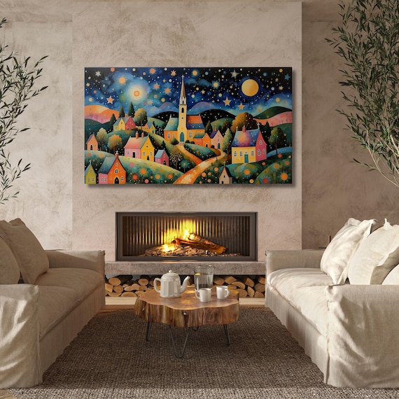 Gustav Klimt Village Night Canvas Print – Moon & Stars Fine Art Poster, Starry Vintage Wall Decor Nature Wall Decor for Home Klimt Gift