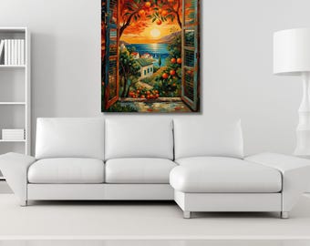 Matisse Style Window Canvas Art, Coastal Orange Grove Seascape