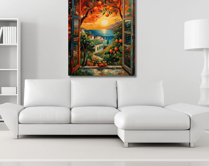Matisse Style Window Canvas Art, Coastal Orange Grove Seascape