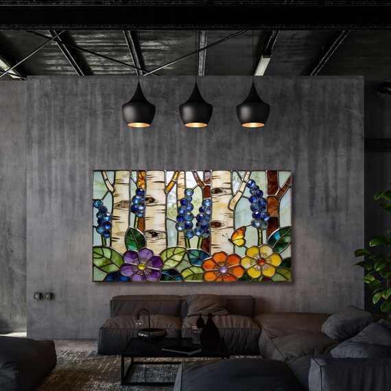 Stained Glass Look Canvas Wall Art, Floral Birch Forest Decor, Faux Stained Glass Nature Print, Colorful Garden Wall Mural