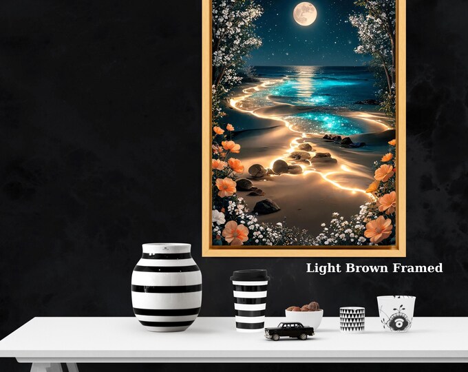 William Morris Moonlit Beach Print Klimt Style Floral Coastal Landscape Living Room Decor
