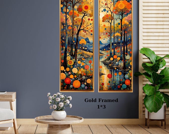 Set of 2 Tall Narrow Birch Wildflower Field Klimt Canvas – Long Vertical Forest Wall Art Decor