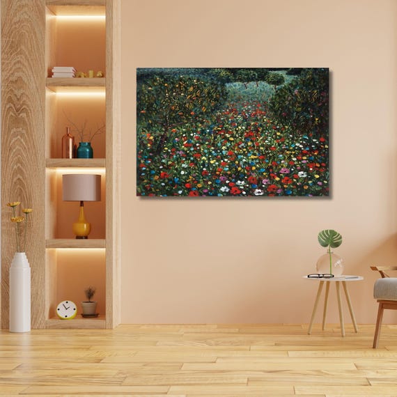 Poppy Fields by Gustav Klimt Canvas Wall Art, Framed Wildflower Landscape Print, Vintage Green Nature Decor, Classic Art Gift for Home ART