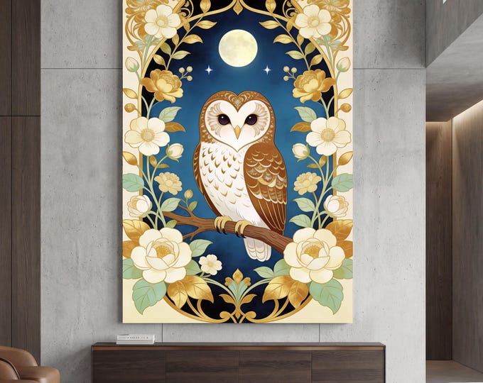Elegant Living Room Wall Decor, Framed Owl Illustration, Midnight Blue and Gold Canvas, Symmetrical Floral Art Print, Modern Cottagecore Art