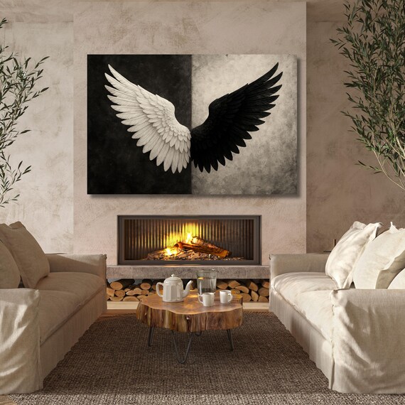 Black and White Angel Wings Canvas Wall Art, Modern Minimalist Wings Poster Print, Large Monochrome Wall Decor for Bedroom or Living Room