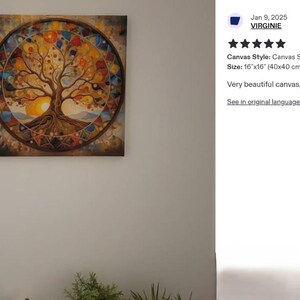 a vibrant, colorful painting of a tree with a circular design around it, hanging on a wall.