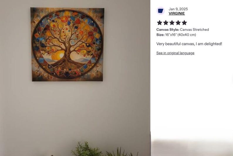 a vibrant, colorful painting of a tree with a circular design around it, hanging on a wall.