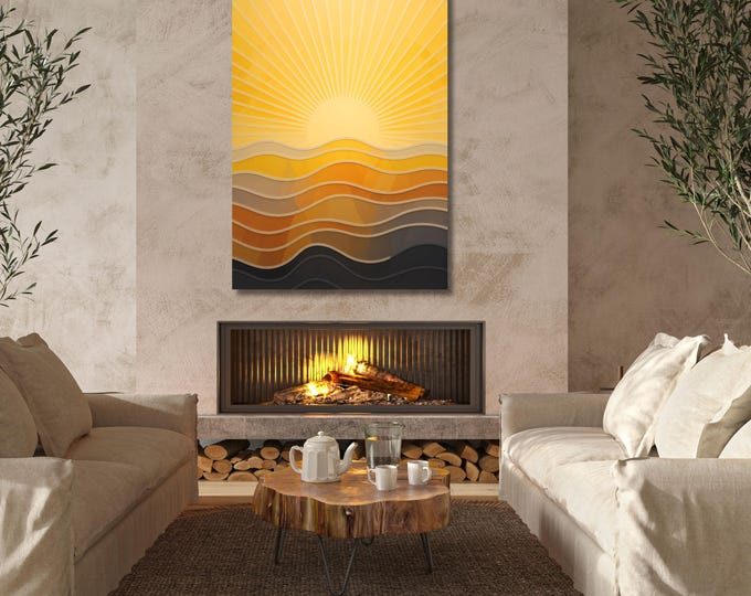 Boho Sunset Canvas Art: Retro Sun & Sea Print