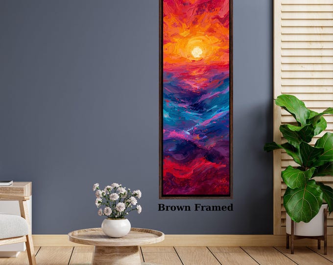 Panoramic Sunset Ocean wave Canvas Wall Art,Framed Canvas Japanese Style Mid Century Exhibition Long Narrow Print,Large Modern Living Room
