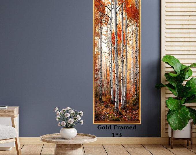Tall Birch Tree Autumn Canvas Print, Vertical Nature Wall Art, Hallway Decor (Gold Framed)