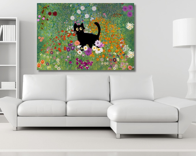 Klimt Black Cat Canvas Wall Art: Garden Scene, Ready to Hang