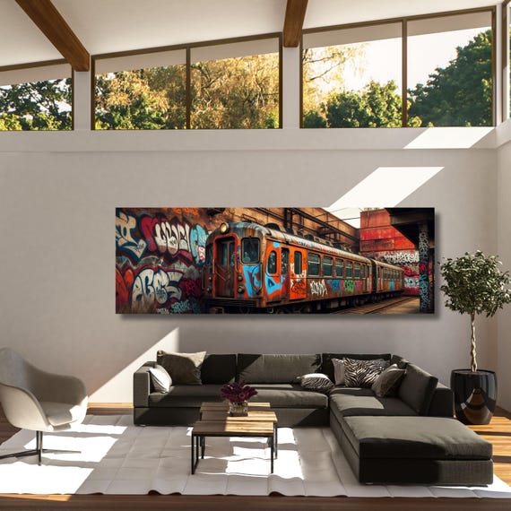 Panoramic Graffiti Subway Train Canvas Print, Urban Street Art Wall Decor, Industrial NYC Pop Art, Modern Graffiti Wall Art Canvas Banksy