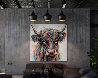 Cuadro de pared con diseño de vaca de las Tierras Altas a todo color, decoración para sala de estar con vaca escocesa (listo para colgar).
