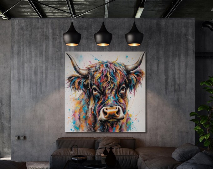 Colorful Highland Cow Canvas Wall Painting, Scottish Cow Living Room Decor (Ready to Hang)