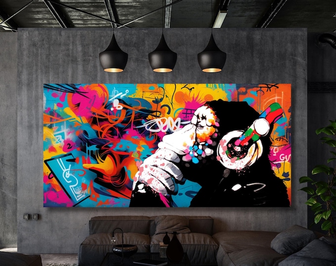 Banksy DJ Monkey Canvas Wall Art Banksy Thinking Monkey Music Thinker Graffiti Wall Art Extra Large Wall Art Gorilla Chimp Ready to Hang