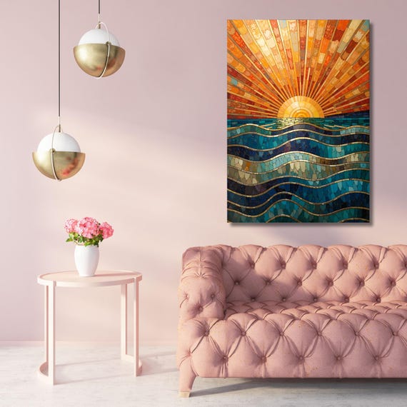Boho Sunset Canvas Art: Abstract Sea Print, Klimt Inspired
