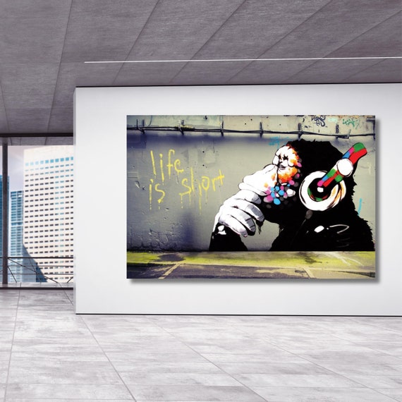Thinking Monkey, Banksy DJ Monkey, Gorilla Chimp Canvas Wall Art, Banksy Street Art, Trendy Wall Decor, Christmas Gift Banksy- Life is Short
