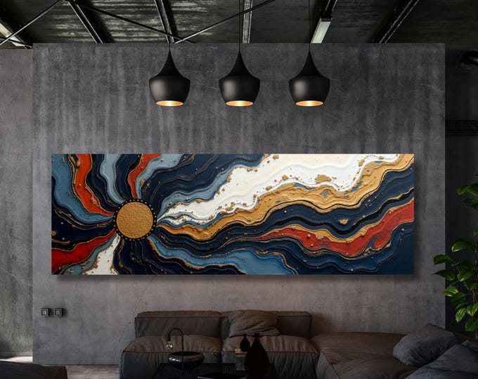 Panoramic Abstract Canvas Art, White Yellow Blue Marble Sun Luxury Decor