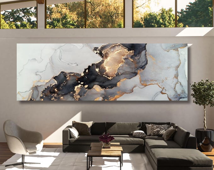 Black Gold Marble Canvas Wall Art - Panoramic Abstract Design