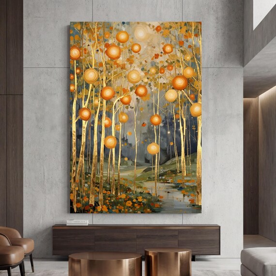 Gustav Klimt Style Golden Landscape, Mystical Symbolist Lake Art, Gold Geometric Wall Decor, Art Nouveau Canvas Print, Large Luxury Wall Art