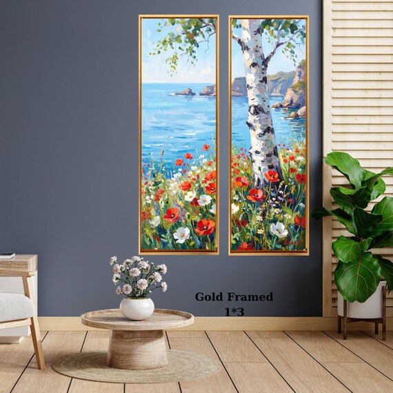Set of 2 Tall Narrow Birch Tree Canvas – Long Vertical Forest Wall Art Decor