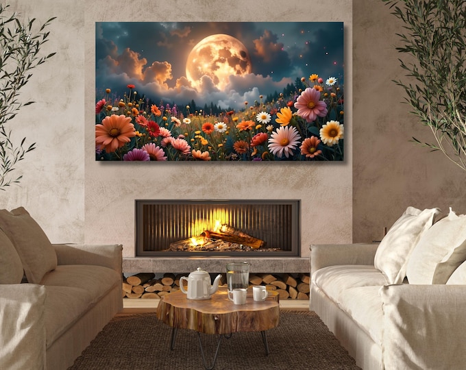 Full Moon Wildflower Canvas, Flower Garden Flower Market canvas, Moonlit Pine Tree Forest wall Art, Rustic Mountain Art, Woodland Klimt Gift