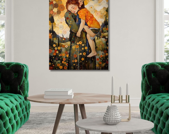 Gustav Klimt Canvas Art, Mother and Child, Floral Design (Multiple Sizes)