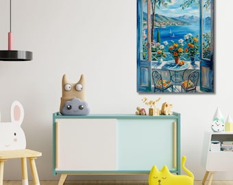 開いた窓の絵画：アンリ・マティス風の海の景色を描いたキャンバスアート（デジタルダウンロード）