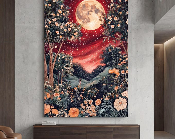 Full Moon Wildflower Art Print: Klimt William Morris Style Canvas Wall Poster