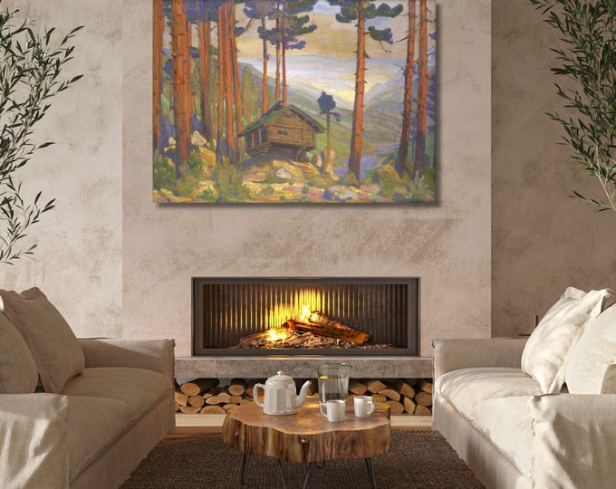Cozy Forest Cottage Canvas Wall Art - Warm Neutral Colors, Minimalist Style