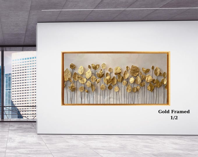 Gold Leaf Abstract Nature Wall Art, Panoramic Mountain Landscape Canvas, Modern Office Hallway Print