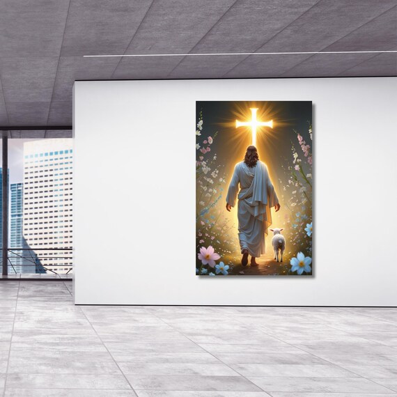 Jesus Shepherd Walking Modern religious wall art Gift Trendy  Living Room Home Decor Christian Print Christ Portrait Canvas Lamb Jesus Art