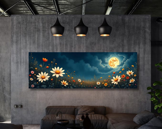 Full Moon Wildflower Canvas Art, Moonlit Forest Wall Decor, Rustic Mountain Landscape Print