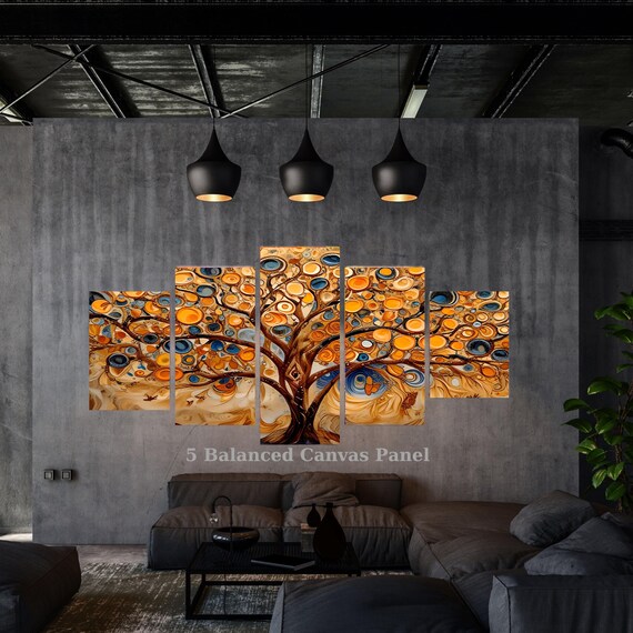 5 Piece Tree of Life Canvas Wall Art, Klimt Style Abstract Golden Tree, Multi Panel Framed Ready to Hang Decor, Luxury Housewarming Gift