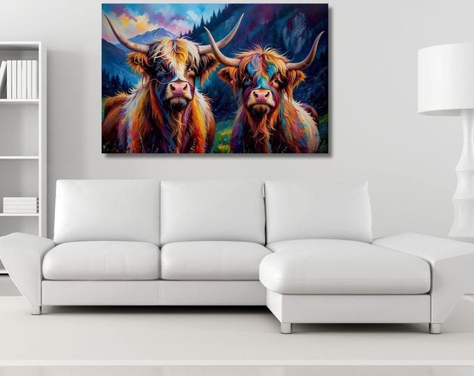 Colorful Highland Cow Canvas Wall Art, Scottish Decor