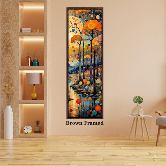 Klimt Style Wildflower Field Long Canvas Wall Art, Vertical Waterfall Landscape Painting, Impressionist Forest and Mountain, Tall Narrow