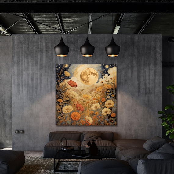 Full Moon Wildflower Canvas, Flower Garden Flower Market canvas, Moonlit Pine Tree Forest wall Art, Rustic Mountain Art, Digital Klimt Gift