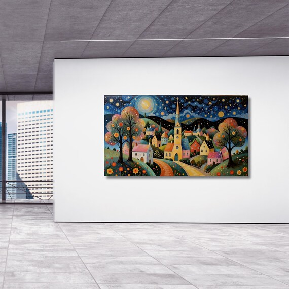 Gustav Klimt Village Night Canvas Print – Moon & Stars Fine Art Poster, Starry Vintage Wall Decor Nature Wall Decor for Home Klimt Gift