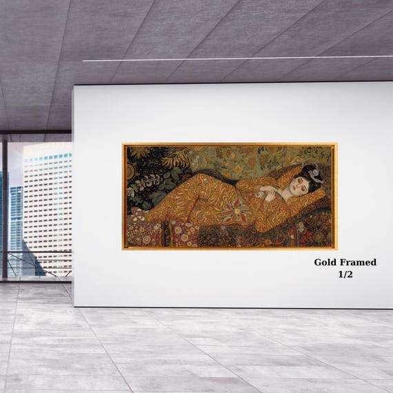 Klimt Style Reclining Woman Canvas Wall Art – Elegant Art Nouveau Female Portrait Poster/Ready to Hang