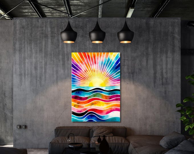 Boho Sunset Canvas Art: Abstract Sun & Sea Print