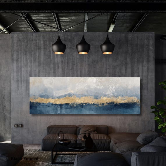 Blue Gold Abstract Canvas Wall Art, Large Horizontal Framed Print, Oversized Minimal Modern Painting, Luxury Home Decor Wall Hangings art