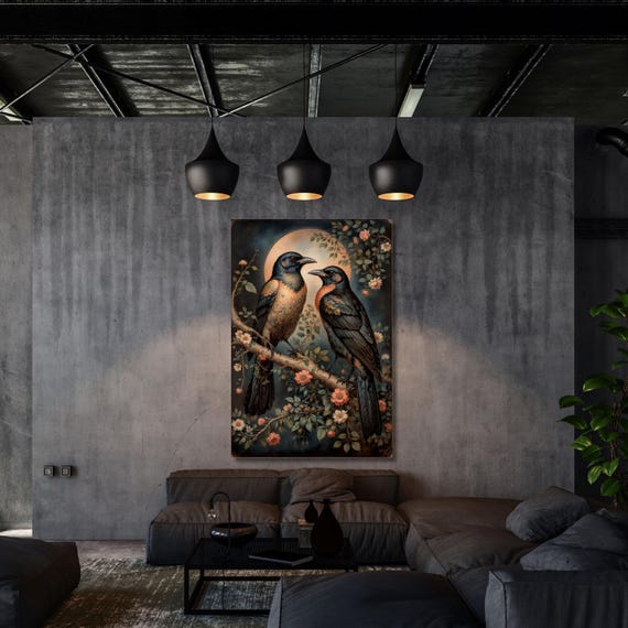 Raven Couple in Dark Forest Canvas Wall Art Print Vintage Dark Cottagecore Gothic Wall Art Decor Dark Academia Artwork Retro Art gift Canvas
