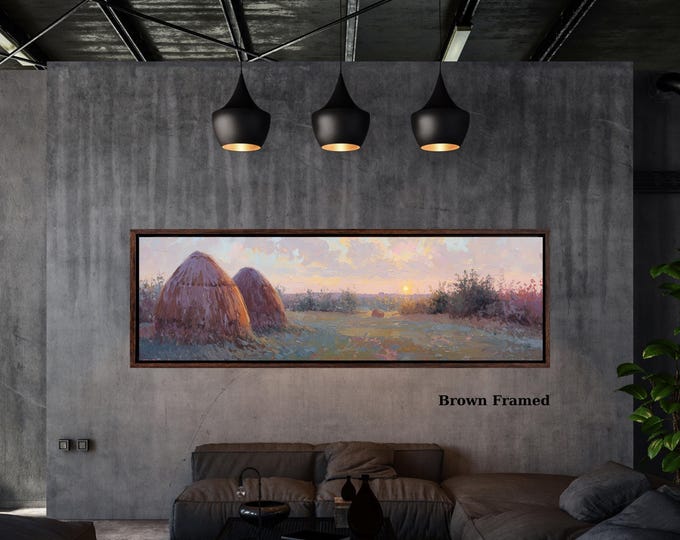 Panoramic Impressionist Haystacks Sunset Canvas Wall Art – Colorful Rural Landscape Oil Painting