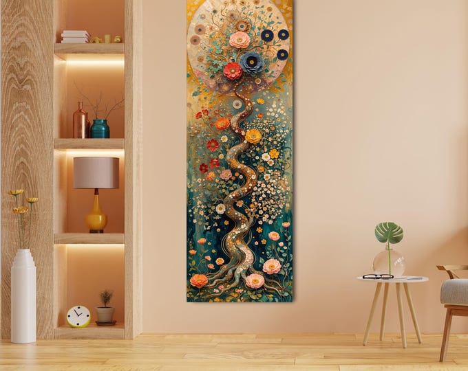 Vertical Canvas Print, Modern Floral Tree Art, Hallway Decor