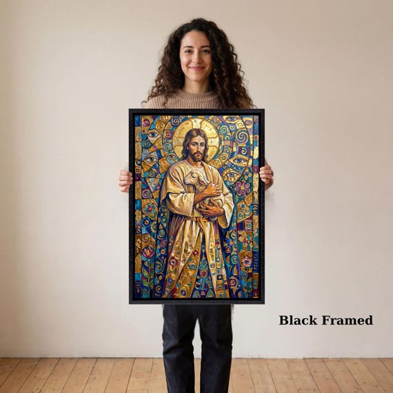 Jesus Good Shepherd Canvas Print,Christ Lamb Wall Art,Religious Home Decor,Christian Portrait Painting,Spiritual Gift,Church Wall Art
