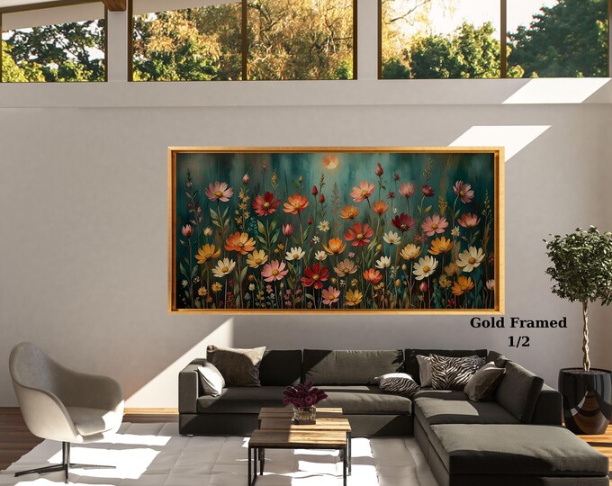 Vintage Wildflower Field Canvas Wall Art – Dark Green Botanical Cottagecore Decor