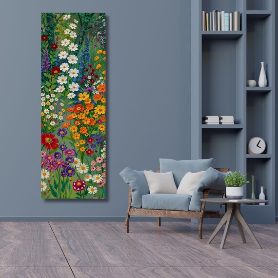 Klimt Style Wildflower Garden Tall Narrow Canvas, Botanical Nature Wall Art, Rustic Floral Vertical Print for Hallway or Bedroom art gift