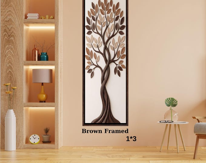 Brown Framed Tree Canvas Art, Vertical Nature Wall Decor (1*3)